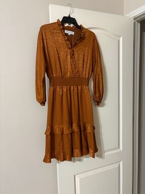 Shoshanna Copper Ruffle Tiered Long Sleeve Dress